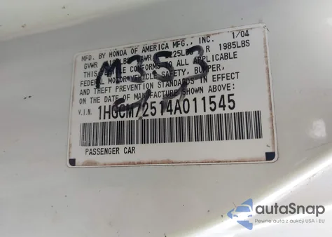 2004 Honda Accord 2.4 Ex from USA, damaged, VIN 1HGCM72514A011545